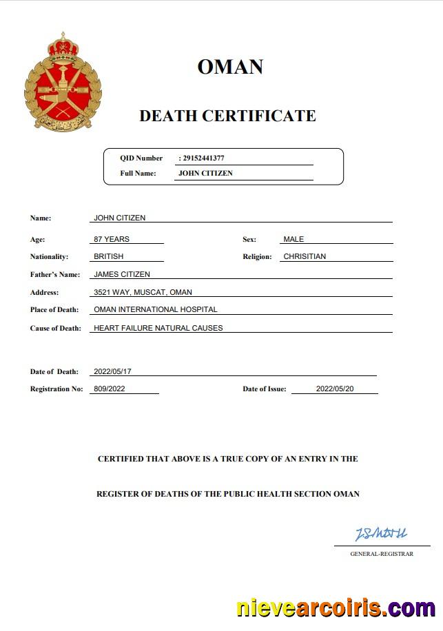 Oman vital record death certificate